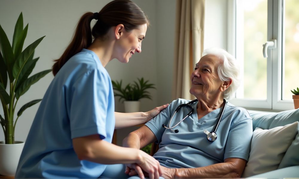 Nurse caring for a happy elderly woman on a sofa, natural light from window, home healthcare concept.
