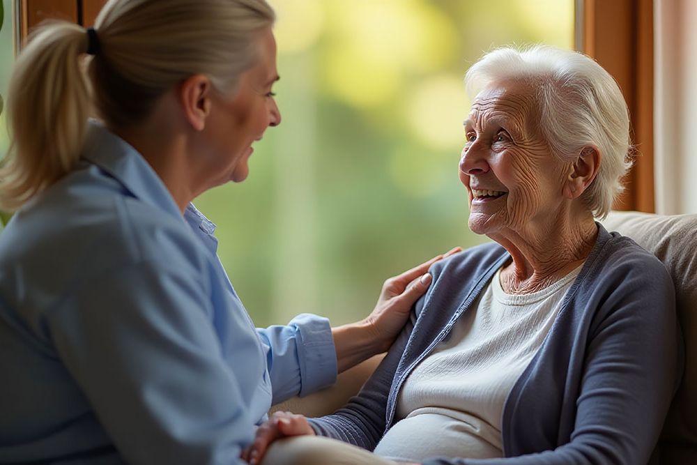 Smiling caregiver comforting senior woman at home, bright setting with plants, emphasizing care and companionship.
