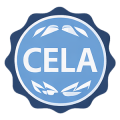 Blue emblem with CELA text and abstract leaf designs inside a scalloped border.