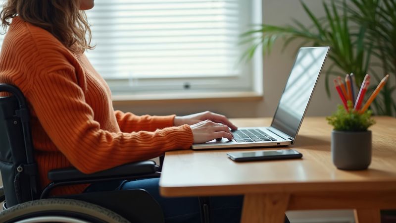 Woman in wheelchair working on laptop at home office desk with plant and pencils.