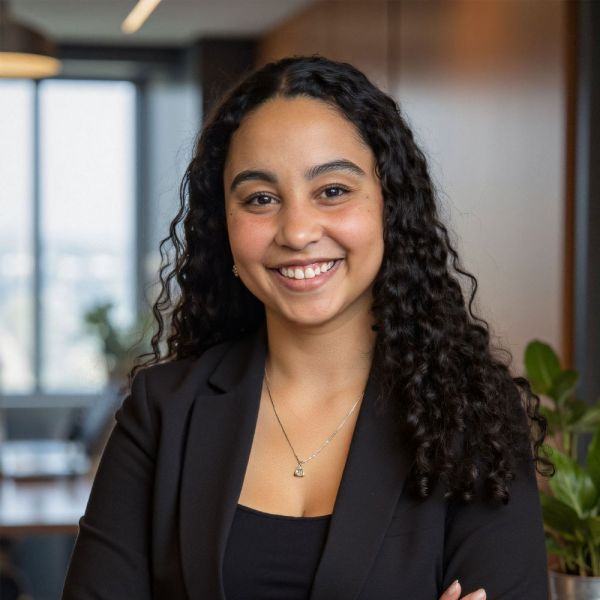 Chloe Smith with curly hair, wearing a black blazer, standing in a modern office setting.