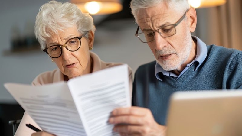 Elderly couple reviews finances with laptop and paperwork at home, focusing on retirement planning and financial management.