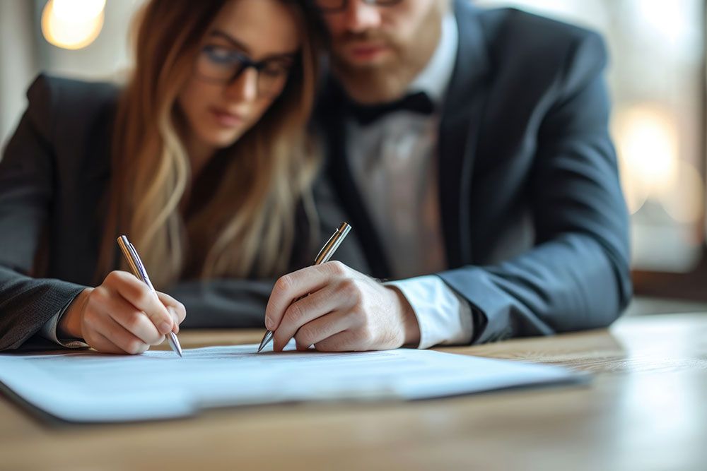 Couple signing documents together, focused on paperwork, in professional attire.