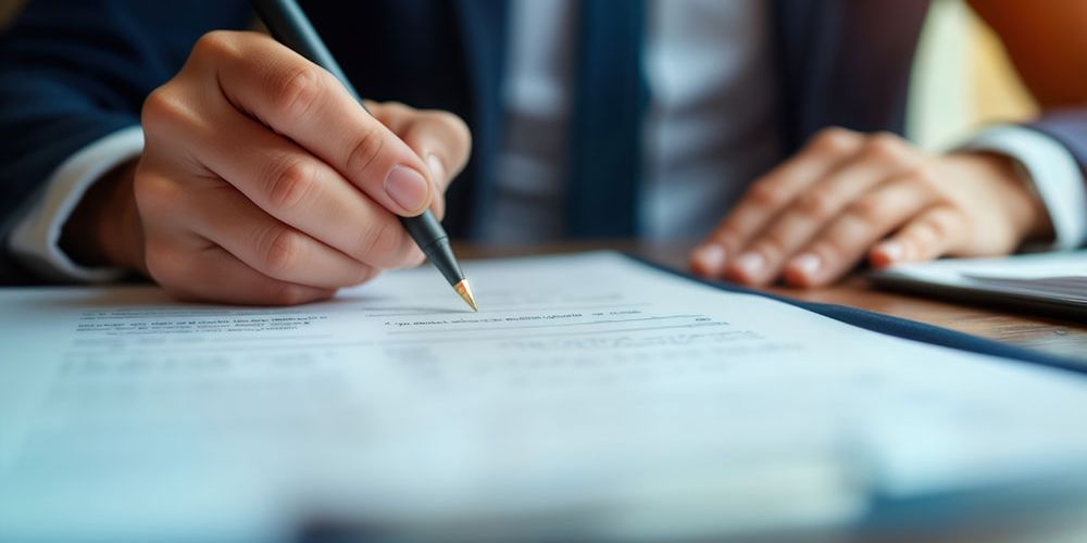 Business professional signing a contract at a desk, emphasizing legal and financial matters.