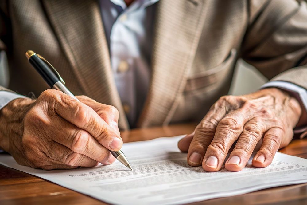 Elderly man signing a contract with a pen, wearing a suit and sitting at a wooden table.