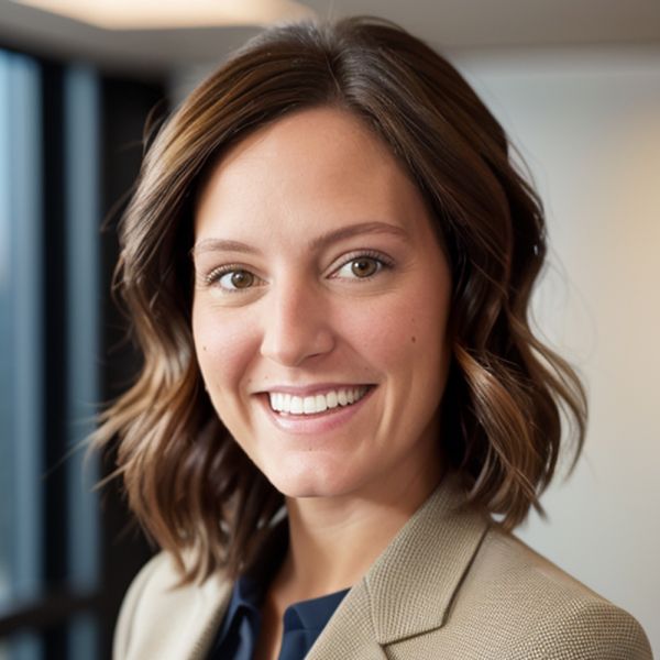Skyler Lucas smiling in office with blurred city view background.