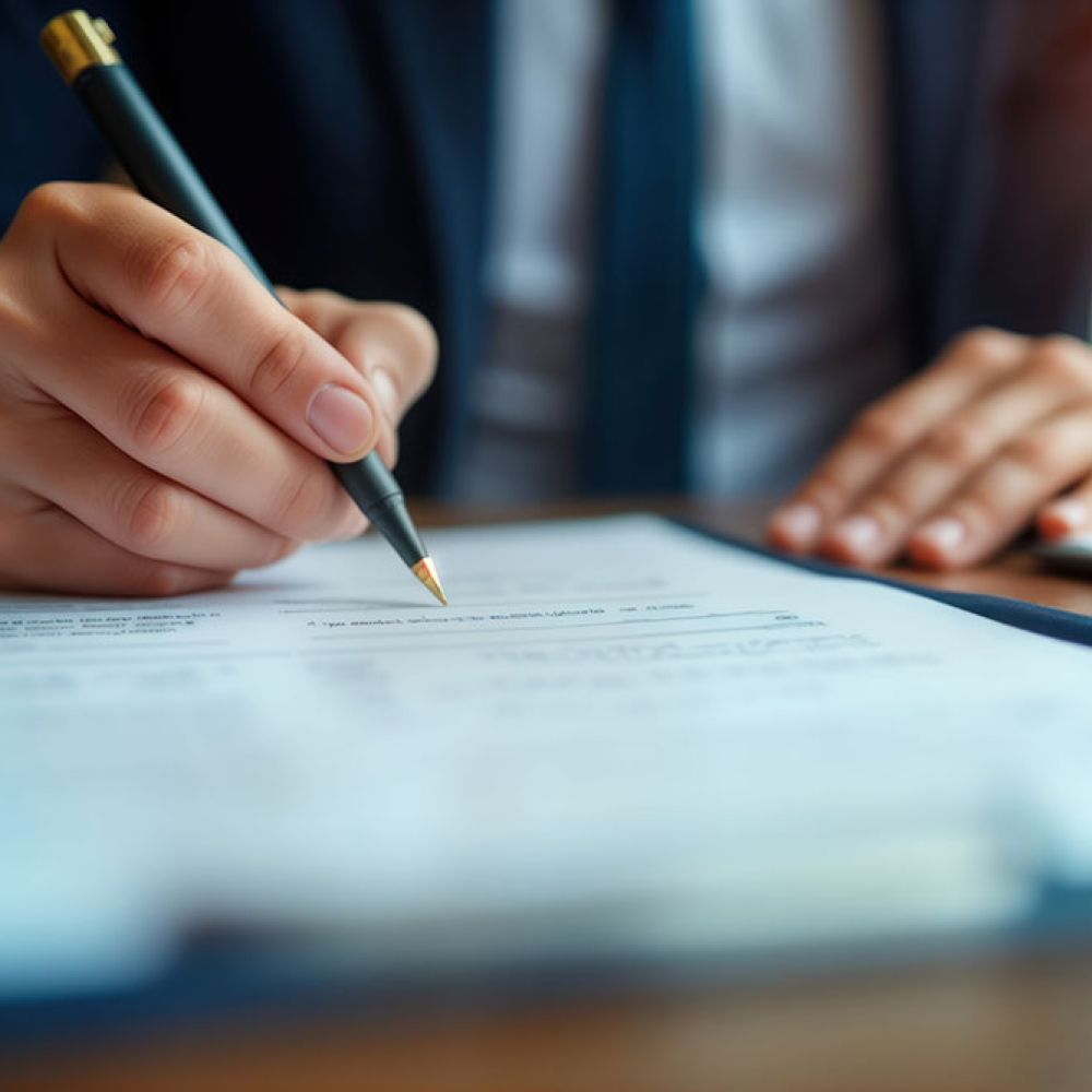Business professional signing a contract at a desk, emphasizing legal and financial matters.