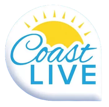 Coast Live logo with a yellow sun and blue text on a white background, conveying a sunny coastal theme.