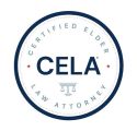 Circular logo with Certified Elder Law Attorney and CELA text, featuring a scales of justice icon.