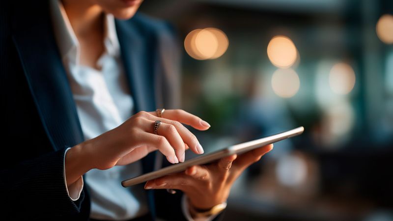 Business professional using a tablet in a modern office setting with soft focus lights in the background.