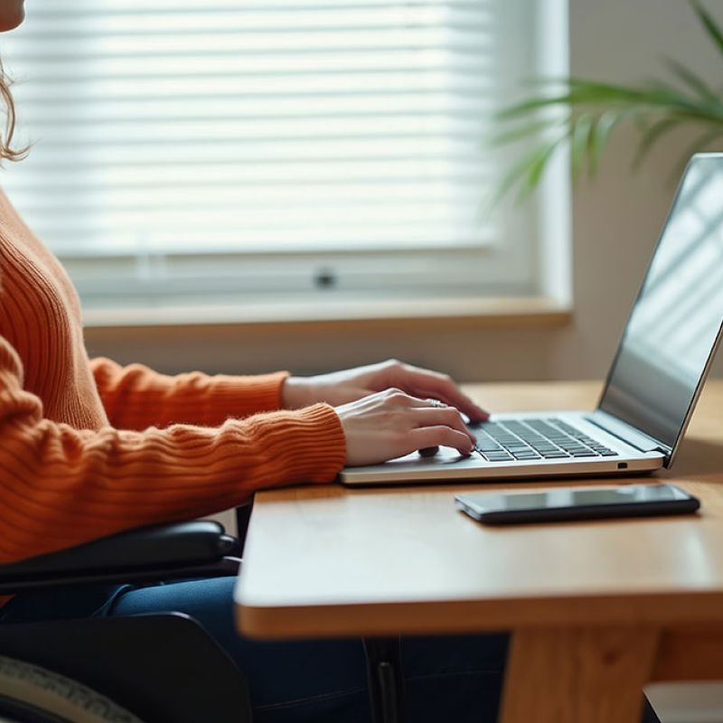 Woman in wheelchair working on laptop at home office desk with plant and pencils.