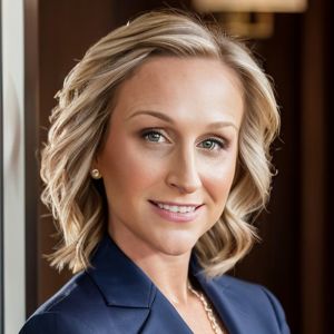 Attorney Shannon Laymon-Pecoraro, smiling, wearing a navy blazer in a warmly lit setting.