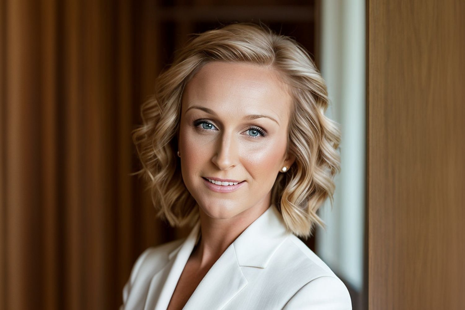 Attorney Shannon Laymon-Pecoraro with wavy blonde hair in a white blazer, smiling indoors near wooden panel.