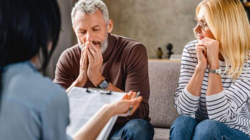 Client and legal advisor discussing probate on a couch