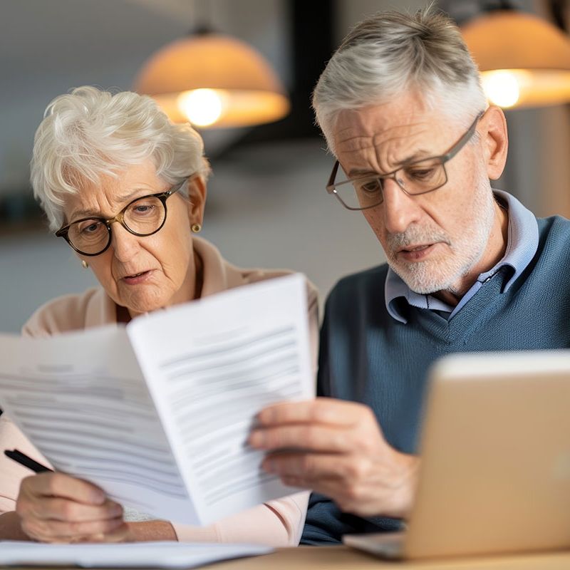 Elderly couple reviews finances with laptop and paperwork at home, focusing on retirement planning and financial management.